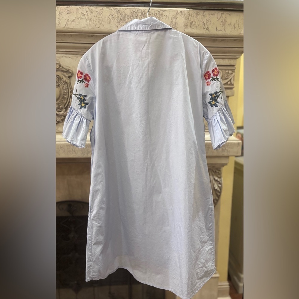 Zara Light Blue Floral Embroidered Oversized Button Down Shirt Dress Size Small - Picture 5 of 10